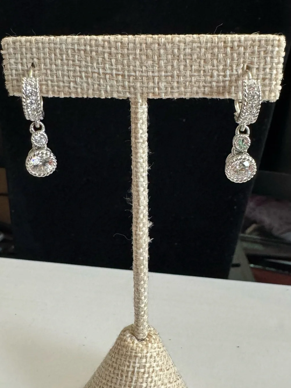 Judith Ripka 925 Silver Textured Drop Earrings w/2 Shimmering Diamonique Stones - Picture 6 of 9